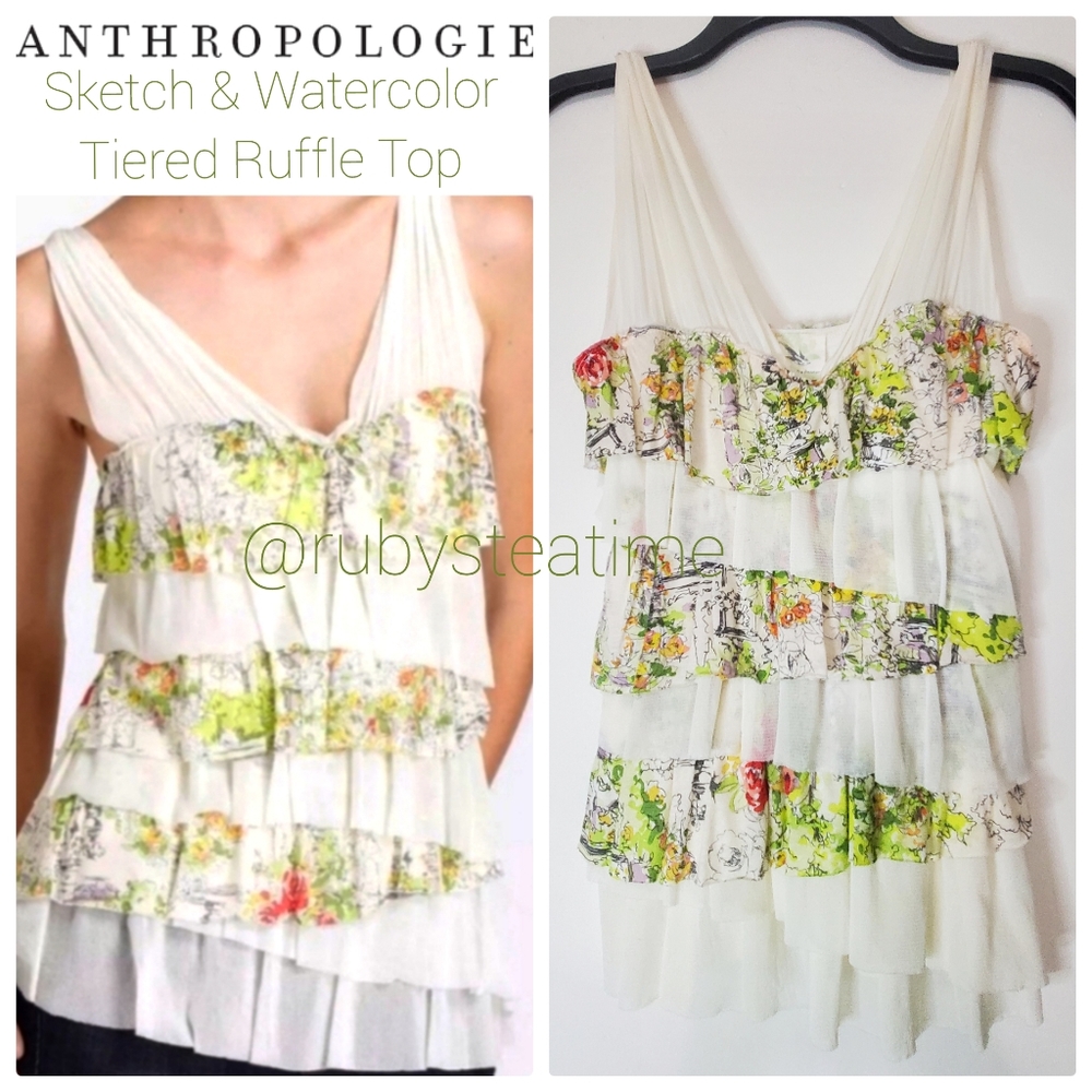 ANTHROPOLOGIE -Weston Wear- Floral Watercolor & Sketch Print Tiered Ruffle Top